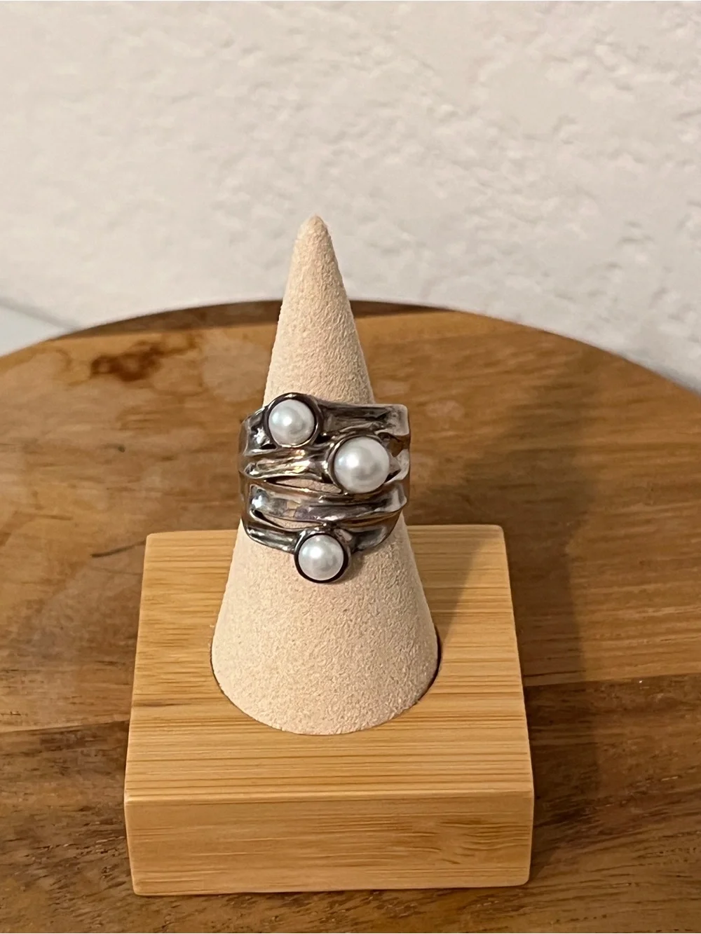 Hagit Gorali Israel 925 Sterling Silver Pearl Wide Band Vines Ring Size 10